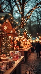 Christmas market stalls with festive lights and handmade gifts .
