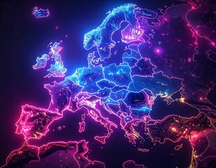 Illuminated Europe Map: A Neon-Lit View of the Continent's Boundaries