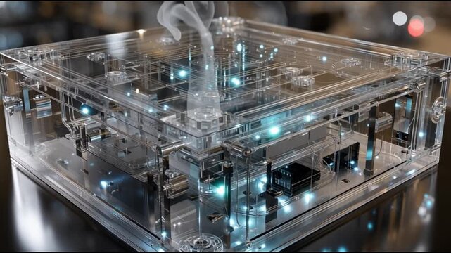 QPU. Quantum Processing Unit. Quantum Computing. Hardware Design. Superconducting Circuits. Future Technology. A transparent electronic device with illuminated components.