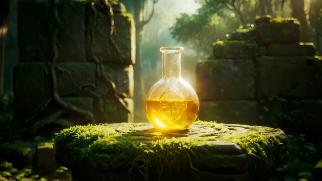 Mysterious Golden Elixir Bottle Illuminates Mossy Jungle Stone Altar