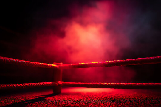 Empty boxing ring corner illuminated by dramatic red lighting with smoky atmosphere, creating an intense and suspenseful mood for a fight