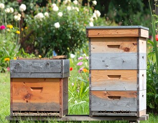 Two wooden beehives in a garden