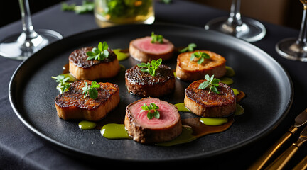 Gourmet Dish with Sliced Meat, Herbs, and Sauces on a Black Plate for Fine Dining