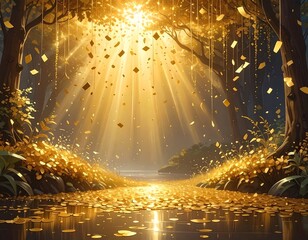Magical Forest Scene with Golden Light and Falling Confetti Atmosphere