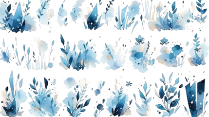 Watercolor Botanical Illustrations Collection with Transparent Background in Light Blue and White Hues