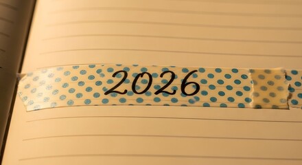 Close-up of an open lined notebook page with polka-dotted washi tape marked '2026' for future planning or journaling.