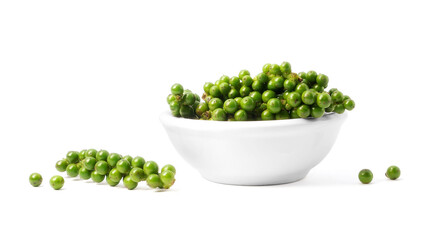 Green peppercorn in bowl isolated on white background