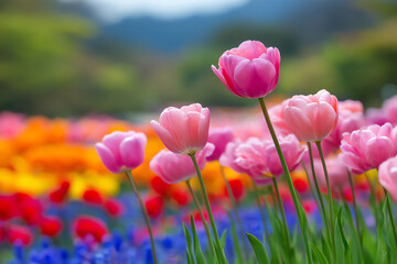 Fototapeta premium Pink tulips bloom vibrantly in a colorful flower field with blurred multicolored blossoms and green hills in the background under soft daylight