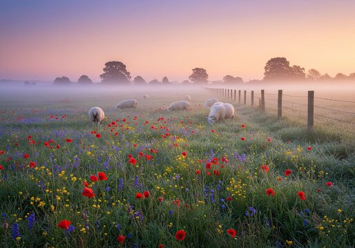 Serene flock of sheep grazing peacefully in a vibrant wildflower meadow at sunrise, bathed in soft, misty golden hour light creating a tranquil pastoral scene.