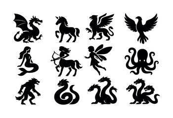 Silhouettes of mythical creatures: dragon, unicorn, griffin, phoenix, and more