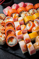 Colorful sushi assortment with varied fillings, ideal for sharing and enjoying