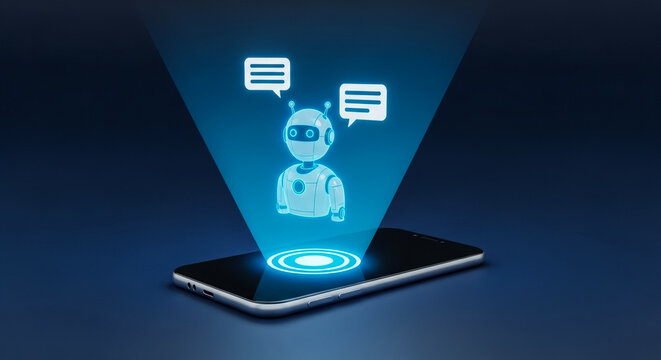 A futuristic holographic projection of a chatbot emerging from a smartphone screen, representing AI.