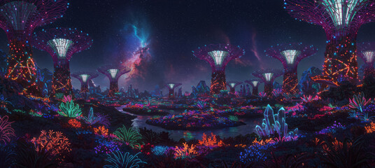 Beautiful fantasy landscape. Magical, fabulous neon glow.