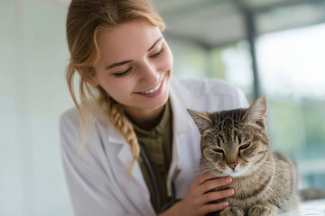A smiling veterinarian gently pets a relaxed tabby cat in a bright, clinical setting, showcasing compassionate animal care and professional veterinary service