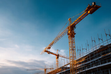 Construction site with tall yellow cranes and scaffolding against a blue sky, highlighting industrial development and building processes in progress during daylight