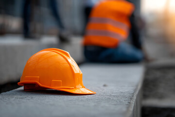 An orange construction helmet rests on a concrete surface with a blurred worker in a safety vest in the background, symbolizing safety and construction work