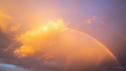 Fototapeta premium Golden rainbow arching through fiery sunset clouds