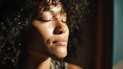 A young African woman with curly hair closes her eyes, enjoying sunlight streaming through a window. The scene conveys tranquility and relaxation.