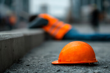Orange safety helmet lies on the ground at a construction site with a blurred worker in an orange vest resting against a concrete barrier in the background
