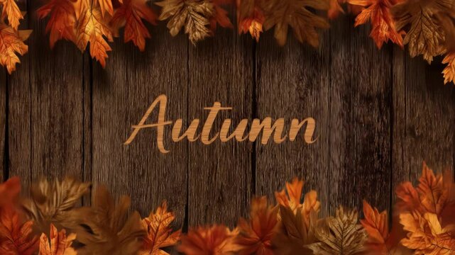 Autumn script etched on weathered wood with vibrant leaf border
