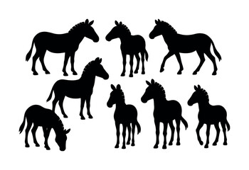 Silhouette set of zebras in various poses on white background