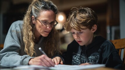 A woman with curly brown hair helps a young boy with homework at a wooden table. The boy has short brown hair and looks focused on his work.