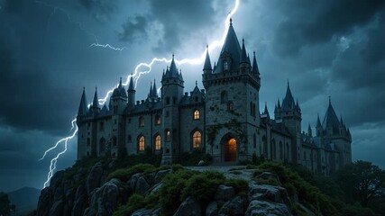 Dramatic lightning storm over a spooky haunted castle creates a thrilling atmosphere, perfect for Halloween projects and fantasy storytelling video. - Powered by Adobe