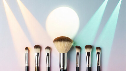 Artistic Arrangement of Makeup Brushes with Soft Colored Lights on Grey Background