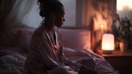 Fototapeta premium A young African woman sits on a bed in a softly lit room. She wears a light-colored robe and has curly hair. A lamp and plants are visible in the background.