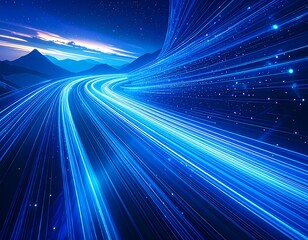 Futuristic highway of blue light trails at night