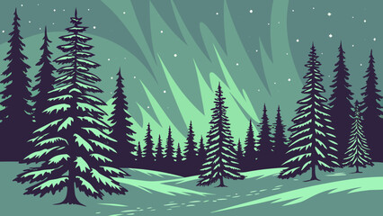 Obraz premium Snowy pine forest under the aurora borealis in winter night sky background