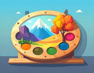 Illustration of an artist's palette with a landscape view and colorful paints