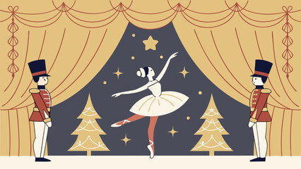 Ballerina dancing on stage with nutcracker soldiers and christmas trees background