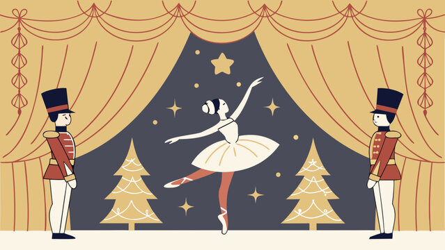 Ballerina dancing on stage with nutcracker soldiers and christmas trees background