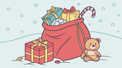 Santas sack overflowing with christmas gifts and toys on a snowy winter day background