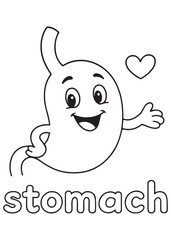 coloring book stomach waving hand with heart, anatomy cartoon for kids