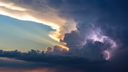 Fototapeta premium Dramatic sunset sky with approaching thunderstorm and lightning