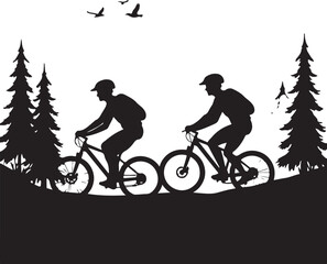 Obraz premium Two cyclists silhouetted riding bicycles on a hill with pine trees and birds