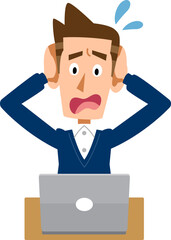 ノートパソンのトラブルに頭を抱える男性
