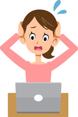 ノートパソンのトラブルに頭を抱える若い女性
