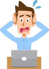 ノートパソンのトラブルに頭を抱える男性
