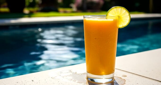 Refreshing orange drink with lime garnish by the poolside on a sunny day