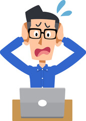 ノートパソンのトラブルに頭を抱えるメガネをかけた男性
