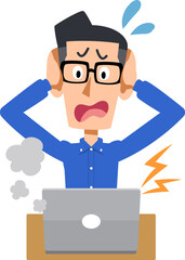 ノートパソンの故障に頭を抱えるメガネをかけた男性
