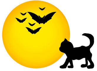 Halloween moon illustration with bats and black cat on blank space for text.