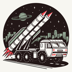 Mobile missile launcher with rockets aimed at the night sky above a cityscape and planet saturn © MDMamun Islam