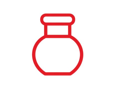 A simple red outline of a traditional pot, showcasing its distinctive shape with a rounded body and narrow opening.