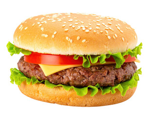 A delicious hamburger featuring a beef patty, cheese, fresh lettuce, and tomato, all nestled in a sesame seed bun.