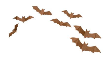 A group of bats in flight, showcasing their wings and distinctive shapes against a dark backdrop.