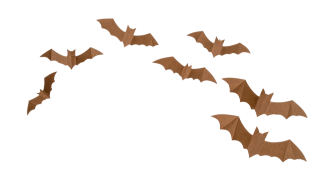 A group of bats in flight, showcasing their wings and distinctive shapes against a dark backdrop.